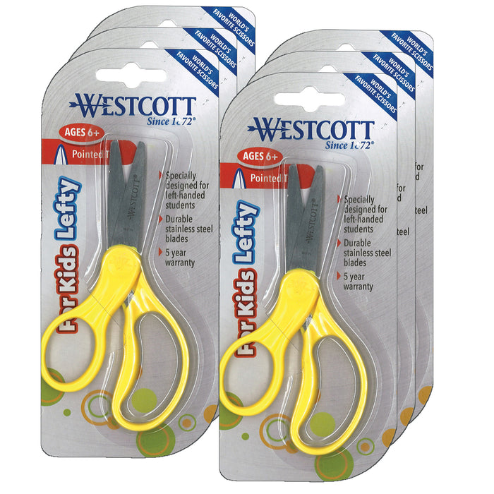 School Left-Handed Kids Scissors, Assorted Colors, 5" Pointed, Pack of 6
