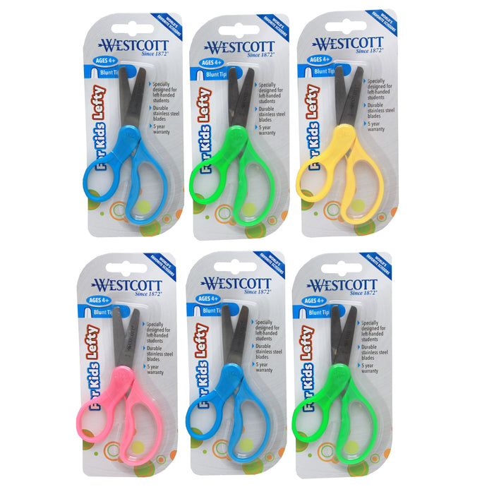 School Kumfy Grip Left-Handed Kids Scissors, 5" Blunt, Assorted Colors, Pack of 6