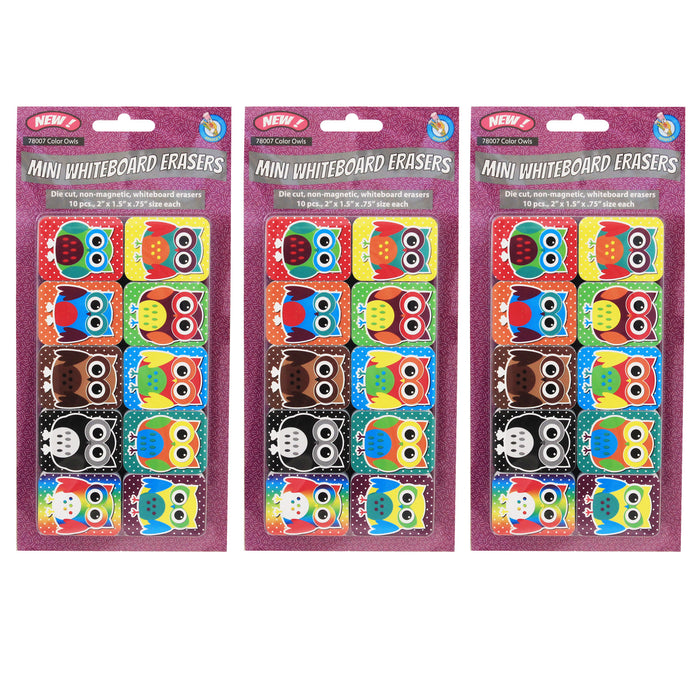 Non-Magnetic Mini Whiteboard Erasers, Color Owls, Pack of 30