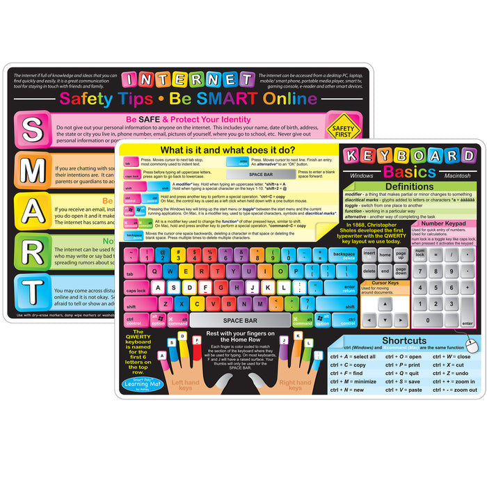 Smart Poly™ Learning Mat, 12" x 17", Double-Sided, Keyboard Basics & Internet Safety, Pack of 6