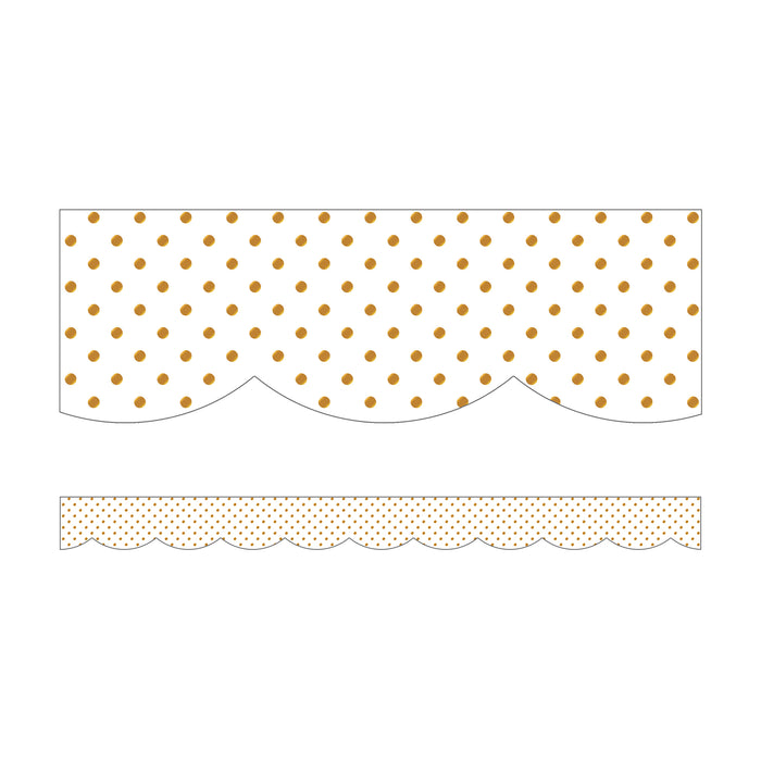 Simply Boho White with Gold Dots Scalloped Borders, 39 Feet Per Pack, 6 Packs