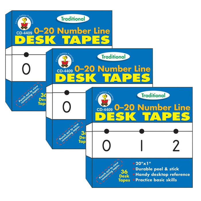 Traditional Desk Tape 0-20 Number Line, Grade PK-5, 36 Per Pack, 3 Packs