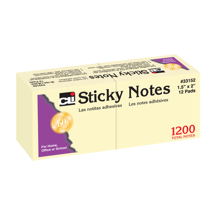 Sticky Notes, 1 1-2" x 2", Plain, 100 Sheets-Pad, 12 Pads-Pack, 12 Packs