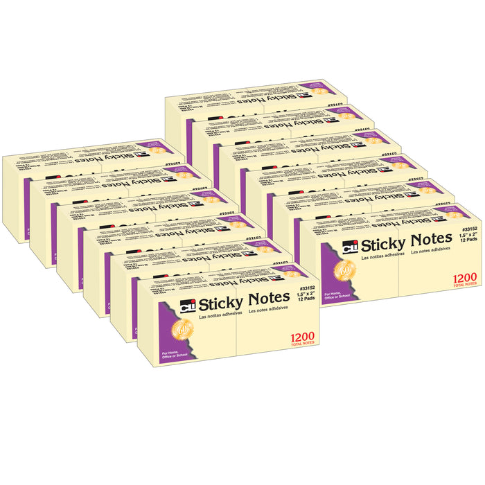 Sticky Notes, 1 1-2" x 2", Plain, 100 Sheets-Pad, 12 Pads-Pack, 12 Packs