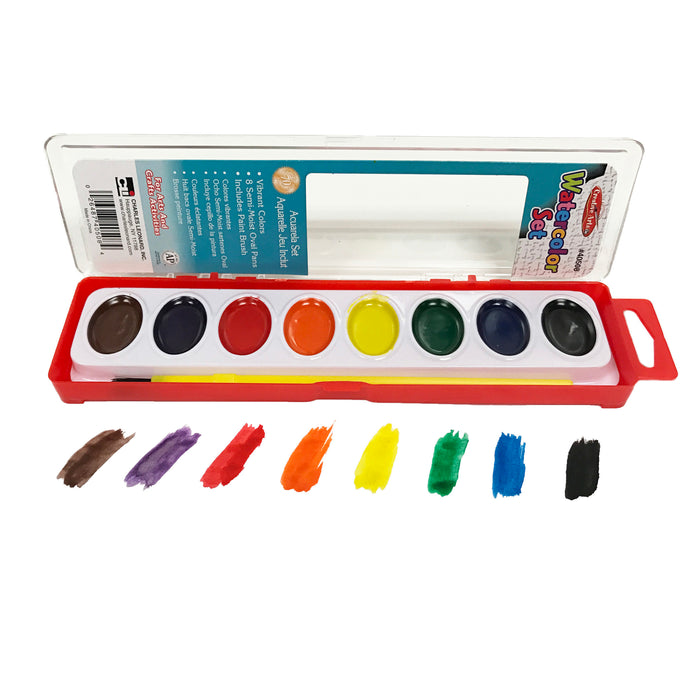 Semi-Moist Watercolor Paint Set, Oval Pan with Brush, 8 Assorted Colors, 12 Sets