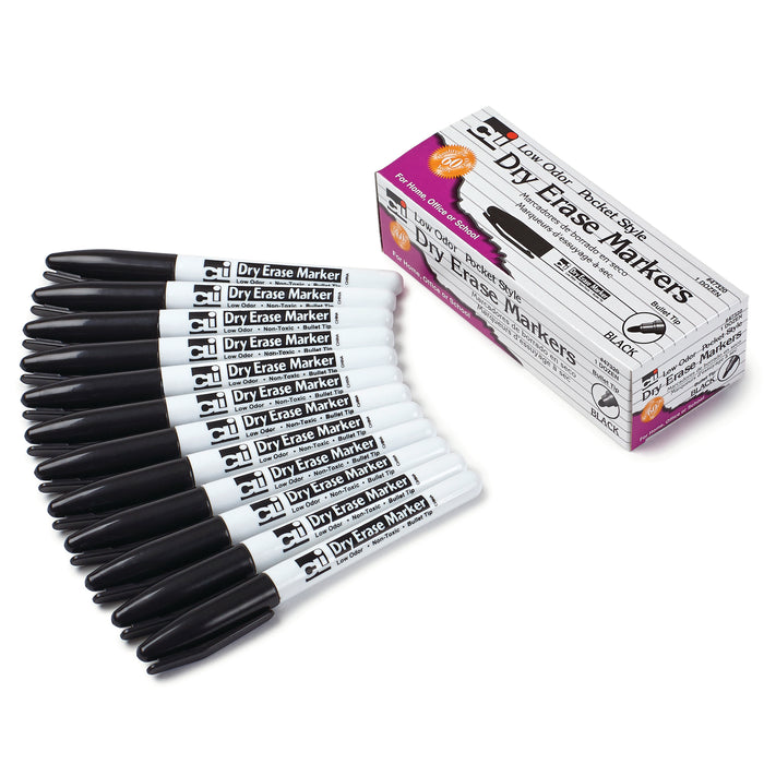 Dry Erase Markers, Pocket Style, Bullet Tip, Black, 12 Per Pack, 3 Packs