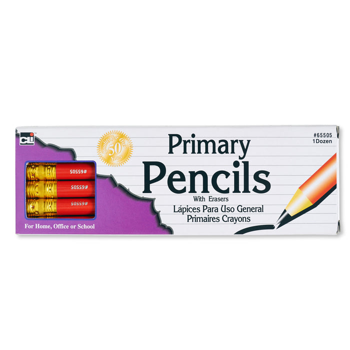 Primary Pencil, 0.41", Red with Eraser, 12 Per Box, 3 Boxes
