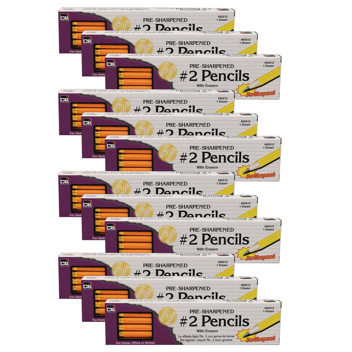 No. 2 Pencil with Eraser, Pre-Sharpened, Yellow, 12 Per Pack, 12 Packs