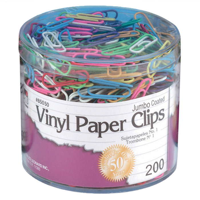 Vinyl Coated Paper Clips, Jumbo Size, Assorted Colors, 200 Per Pack, 6 Packs