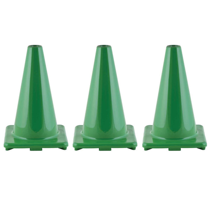 Hi-Visibility Flexible Vinyl Cone, weighted, 12", Green, Pack of 3