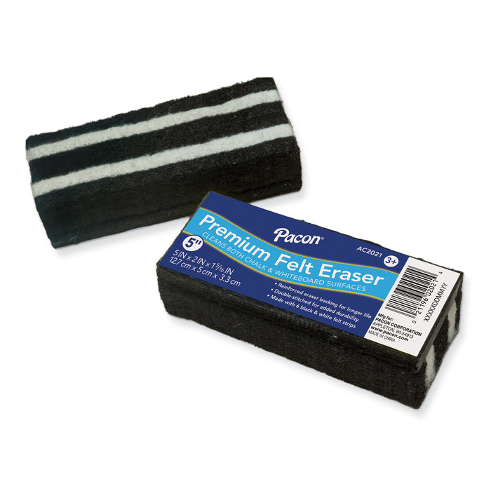 Chalk & Whiteboard Eraser, Premium, 6 Black & White Felt Strips, Double-Stitched, Reinforced Backing, 5", Pack of 12