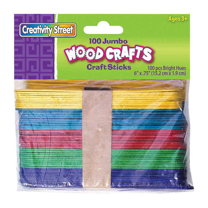 Jumbo Craft Sticks, Bright Hues Assorted, 6" x .75", 100 Per Pack, 12 Packs