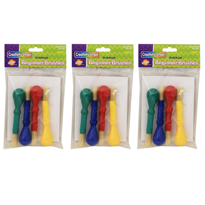 Beginner Paint Brushes, Bulb Knob Handles, 4 Assorted Colors, 5.5" Long, 4 Per Pack, 3 Packs