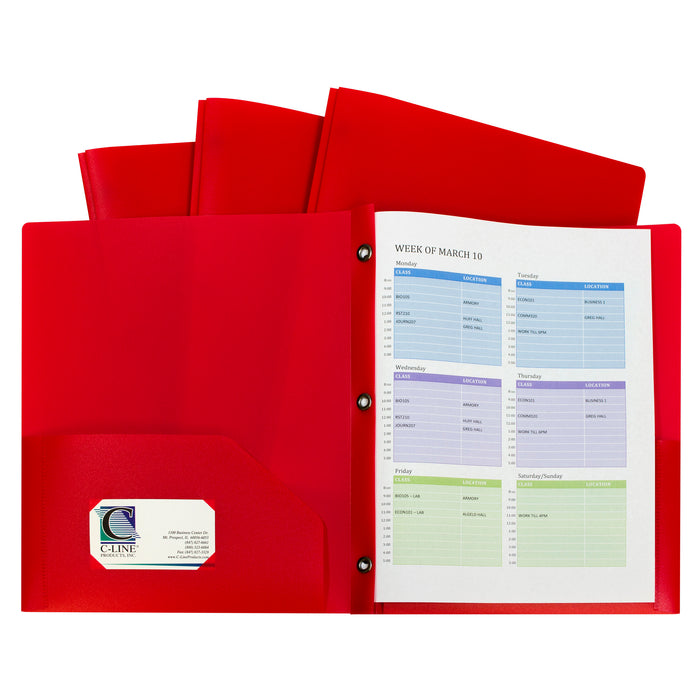 Two-Pocket Heavyweight Poly Portfolio Folder with Prongs, Red, 10 Per Pack, 2 Packs
