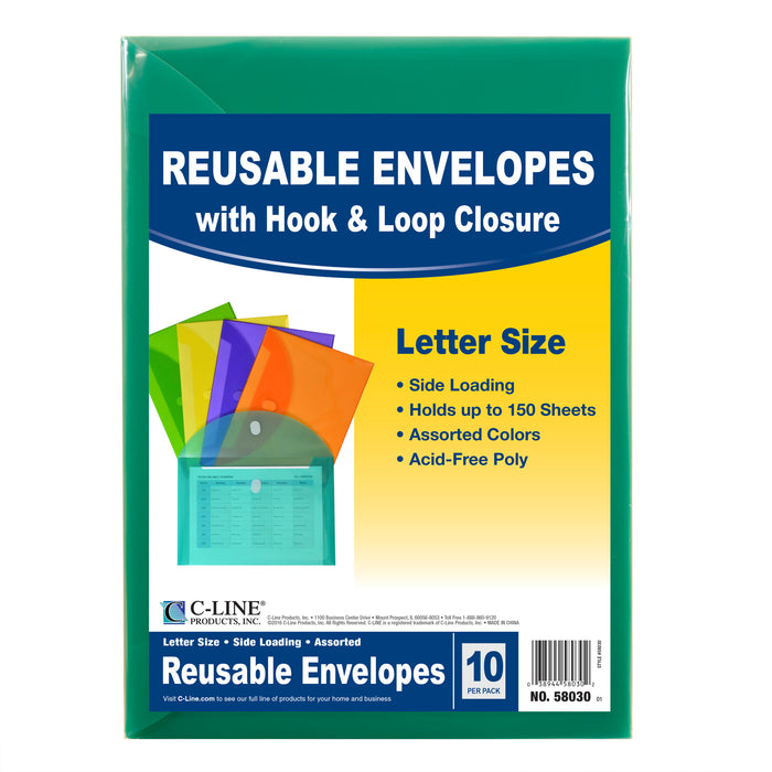 XL Reusable Envelopes, Hook and Loop Closure, 8 1-2 x 11, Assorted Colors, 10 Per Pack, 2 Packs