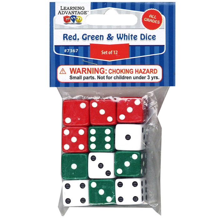 Red, Green & White Dot Dice, 12 Per Pack, 6 Packs