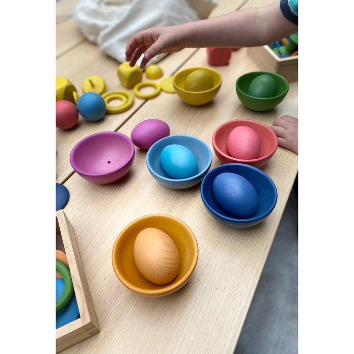 Rainbow Wooden Bowls - Set of 7 Colors - For Ages 10m+ - Loose Parts Wooden Toy for Babies and Toddlers