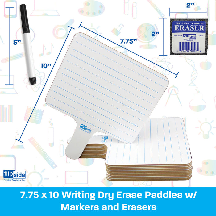Two-Sided Rectangular Dry Erase Writing Paddles, Pens, and Erasers, Class Pack of 12