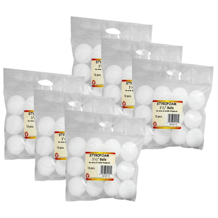 Styrofoam, 1.5" Balls, 12 Per Pack, 6 Packs