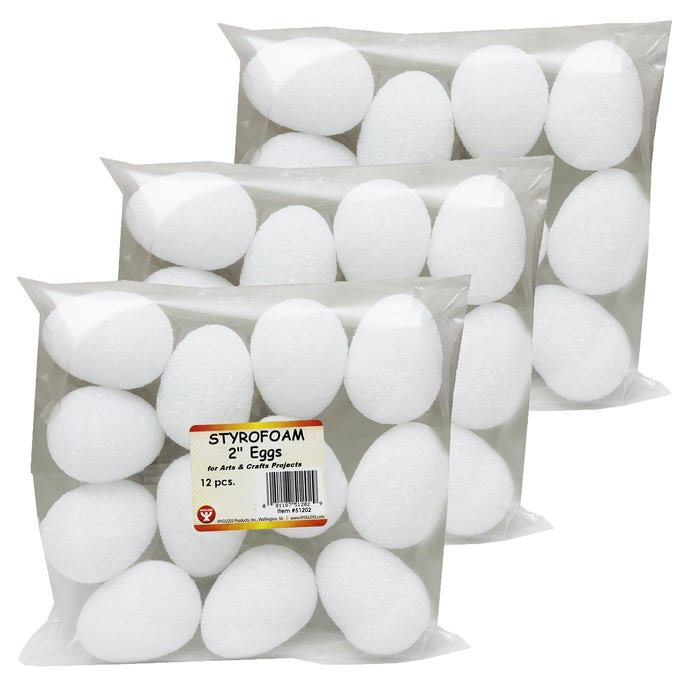 Styrofoam 2" Eggs, White 12 Per Pack, 3 Packs