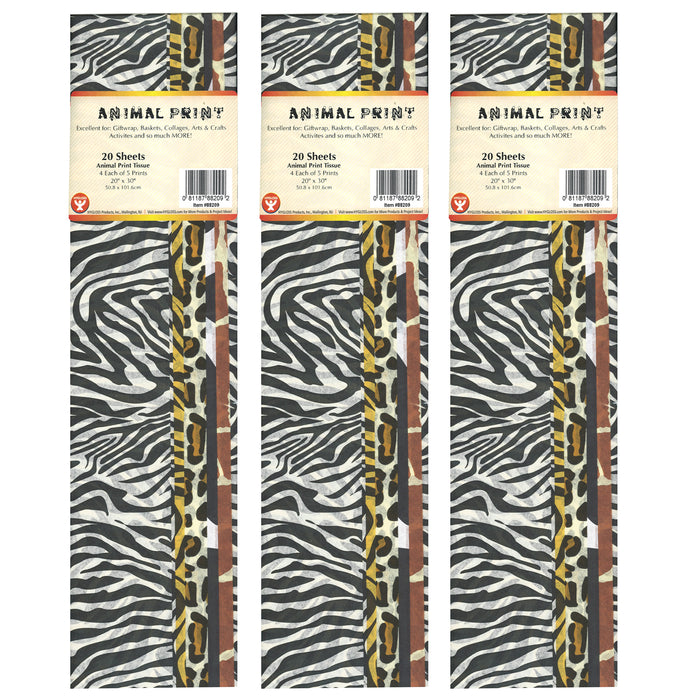 Tissue Paper, Animal Print Assortment, 20" x 30", 20 Sheets Per Pack, 3 Packs