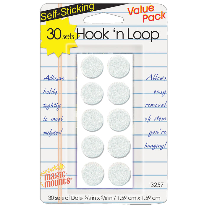 Hook N Loop Dots, 5-8", White, 30 Per Pack, 6 Packs