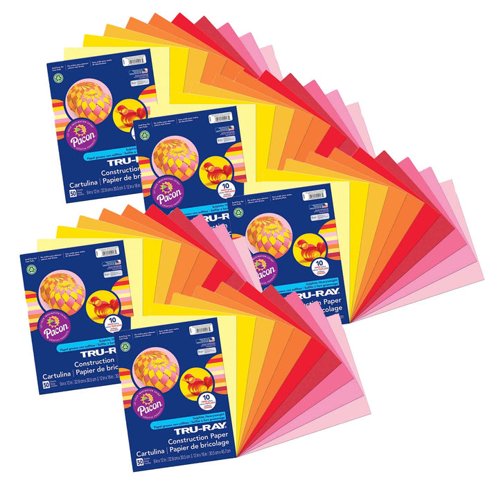 Construction Paper, Warm Assorted, 9" x 12", 50 Sheets Per Pack, 5 Packs