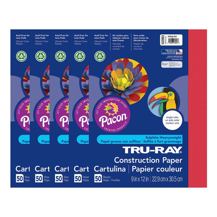 Construction Paper, Holiday Red, 9" x 12", 50 Sheets Per Pack, 5 Packs