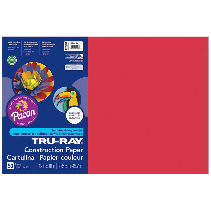Construction Paper, Holiday Red, 12" x 18", 50 Sheets Per Pack, 5 Packs