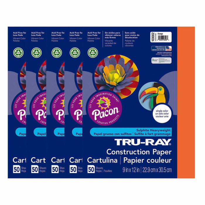 Construction Paper, Orange, 9" x 12", 50 Sheets Per Pack, 5 Packs