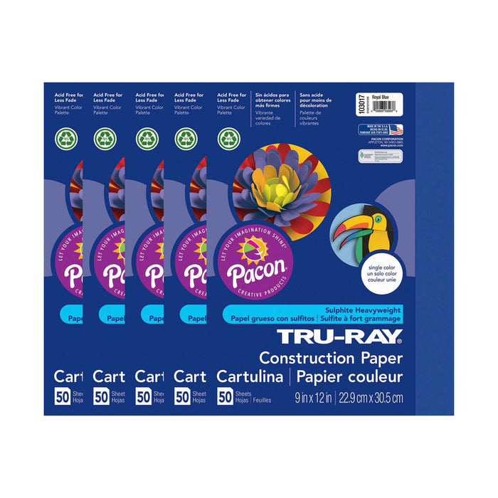 Construction Paper, Royal Blue, 9" x 12", 50 Sheets Per Pack, 5 Packs