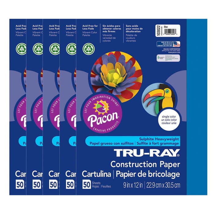 Construction Paper, Blue, 9" x 12", 50 Sheets Per Pack, 5 Packs