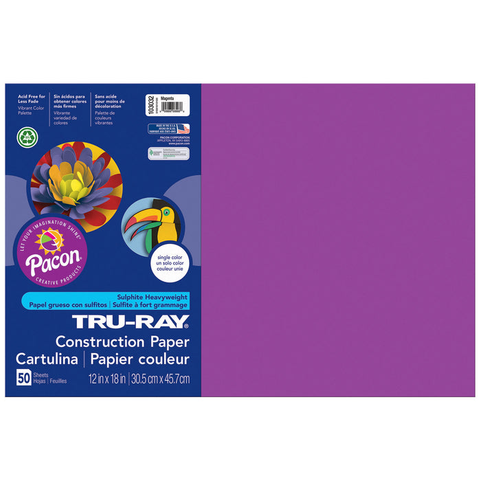 Construction Paper, Magenta, 12" x 18", 50 Sheets Per Pack, 5 Packs