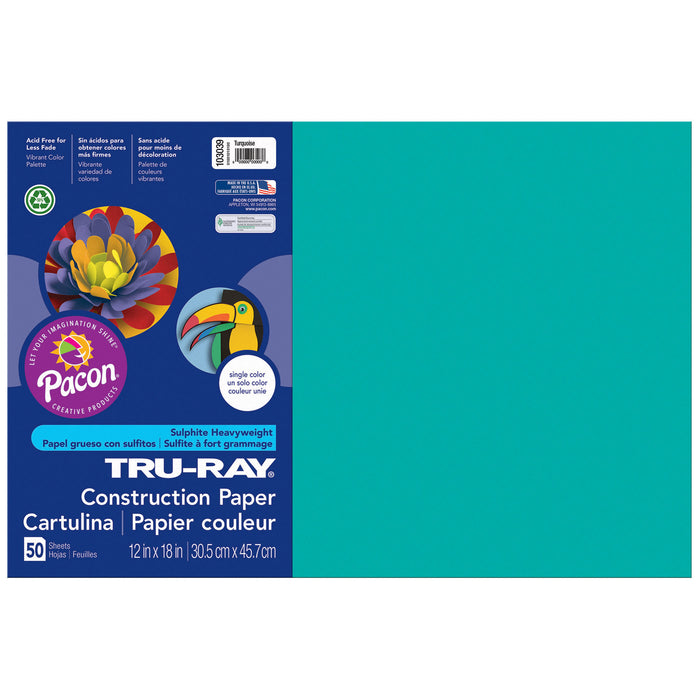 Construction Paper, Turquoise, 12" x 18", 50 Sheets Per Pack, 5 Packs