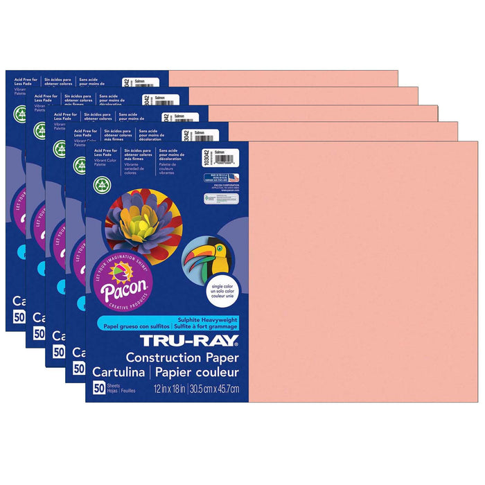 Construction Paper, Salmon, 12" x 18", 50 Sheets Per Pack, 5 Packs