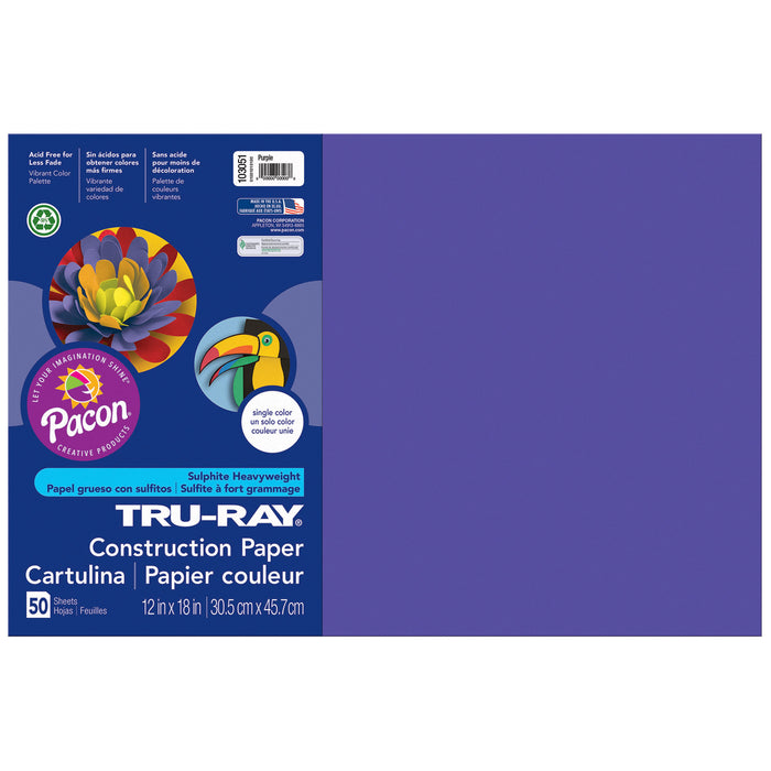 Construction Paper, Purple, 12" x 18", 50 Sheets Per Pack, 5 Packs