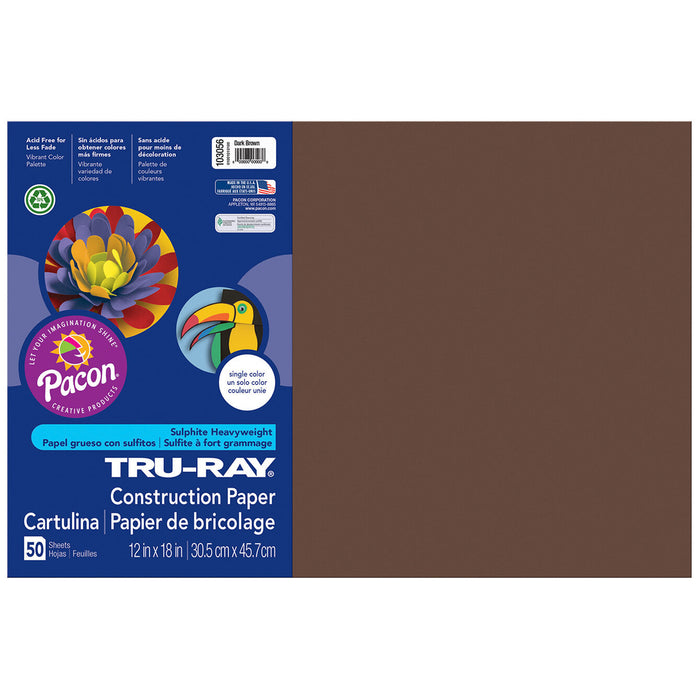 Construction Paper, Dark Brown, 12" x 18", 50 Sheets Per Pack, 5 Packs