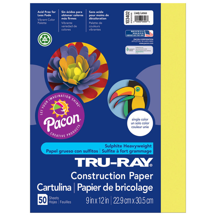 Construction Paper, Lively Lemon, 9" x 12", 50 Sheets Per Pack, 5 Packs