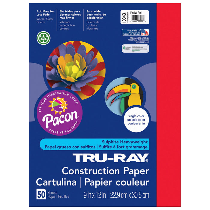 Construction Paper, Festive Red, 9" x 12", 50 Sheets Per Pack, 5 Packs