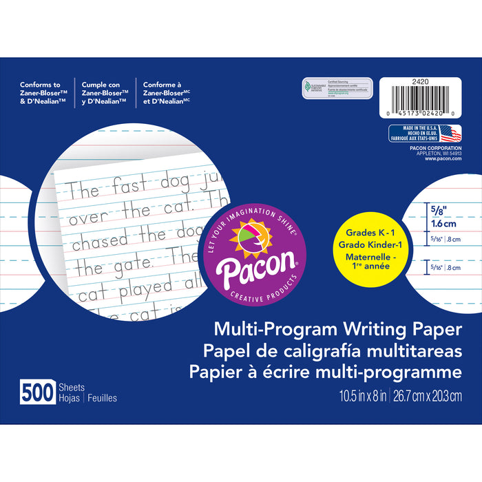 Multi-Program Handwriting Paper, 5-8" Ruled (Long Way), White, 10-1-2" x 8", 500 Sheets Per Pack, 2 Packs