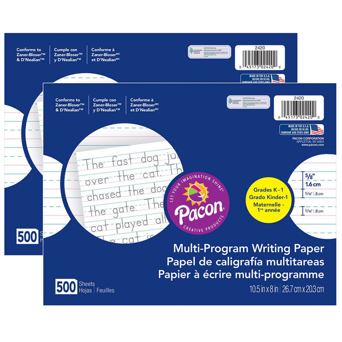 Multi-Program Handwriting Paper, 5-8" Ruled (Long Way), White, 10-1-2" x 8", 500 Sheets Per Pack, 2 Packs