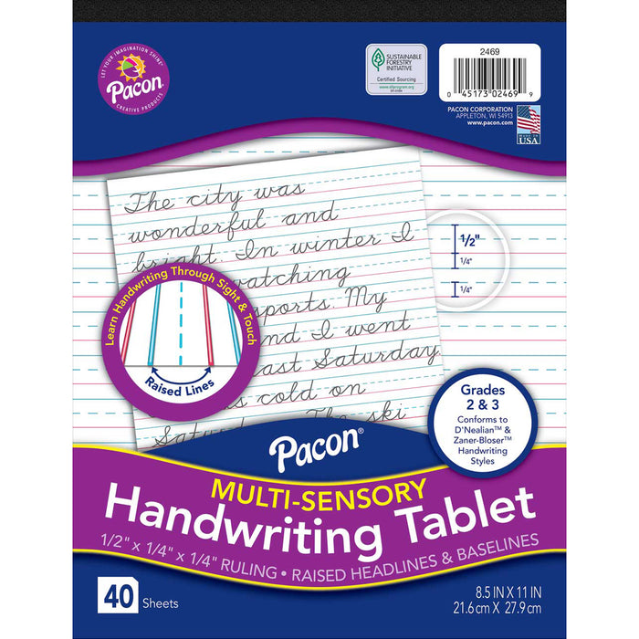 Multi-Sensory Raised Ruled Tablet, Tape-Bound Tablet, 1-2" x 1-4" x 1-4" Ruled Short, 8-1-2" x 11", 40 Sheets, Pack of 3