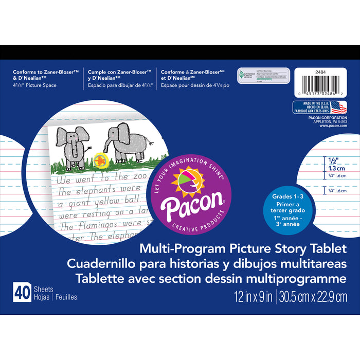 Multi-Program Handwriting Tablet, D'Nealian-Zaner-Bloser, 1-2" x 1-4" x 1-4" Ruled & 4-1-4" Picture Story Space, 12" x 9", 40 Sheets, Pack of 6