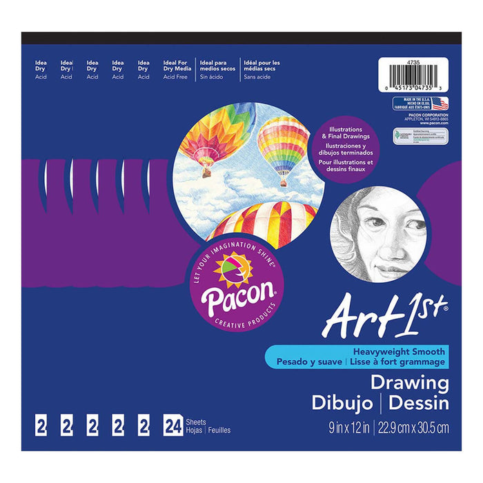 Drawing Paper Pad, Heavyweight, 9" x 12", 24 Sheets Per Pad, Pack of 6