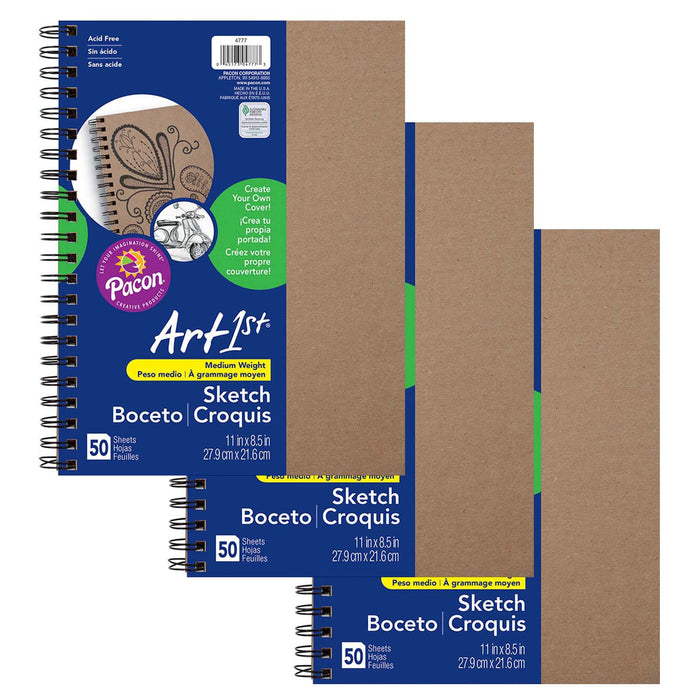 Create Your Own Cover Sketch Diary, Natural Chip Cover, 11" x 8-1-2", 50 Sheets, Pack of 3