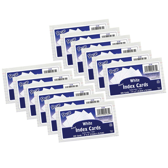 Index Cards, White, Ruled, 1-4" Ruled 3" x 5", 100 Per Pack, 12 Packs