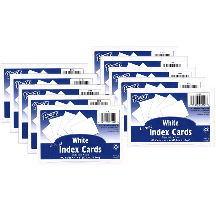 Index Cards, White, Unruled, 4" x 6", 100 Per Pack, 10 Packs