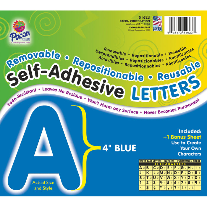 Self-Adhesive Letters, Blue, Puffy Font, 4", 78 Characters Per Pack, 2 Packs