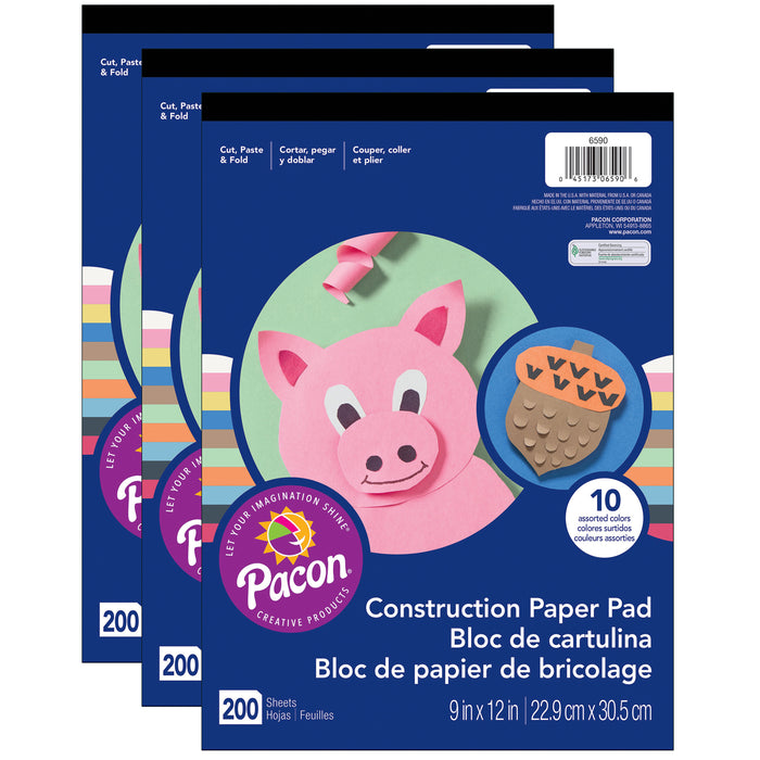 Lightweight Construction Paper Pad, 10 Assorted Colors, 9" x 12", 200 Sheets, Pack of 3