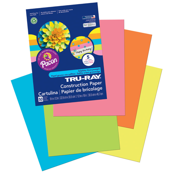 Construction Paper, 5 Assorted Hot Colors, 9" x 12", 50 Sheets Per Pack, 5 Packs